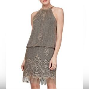SLNY Gold Lace Fringe Dress Size 6